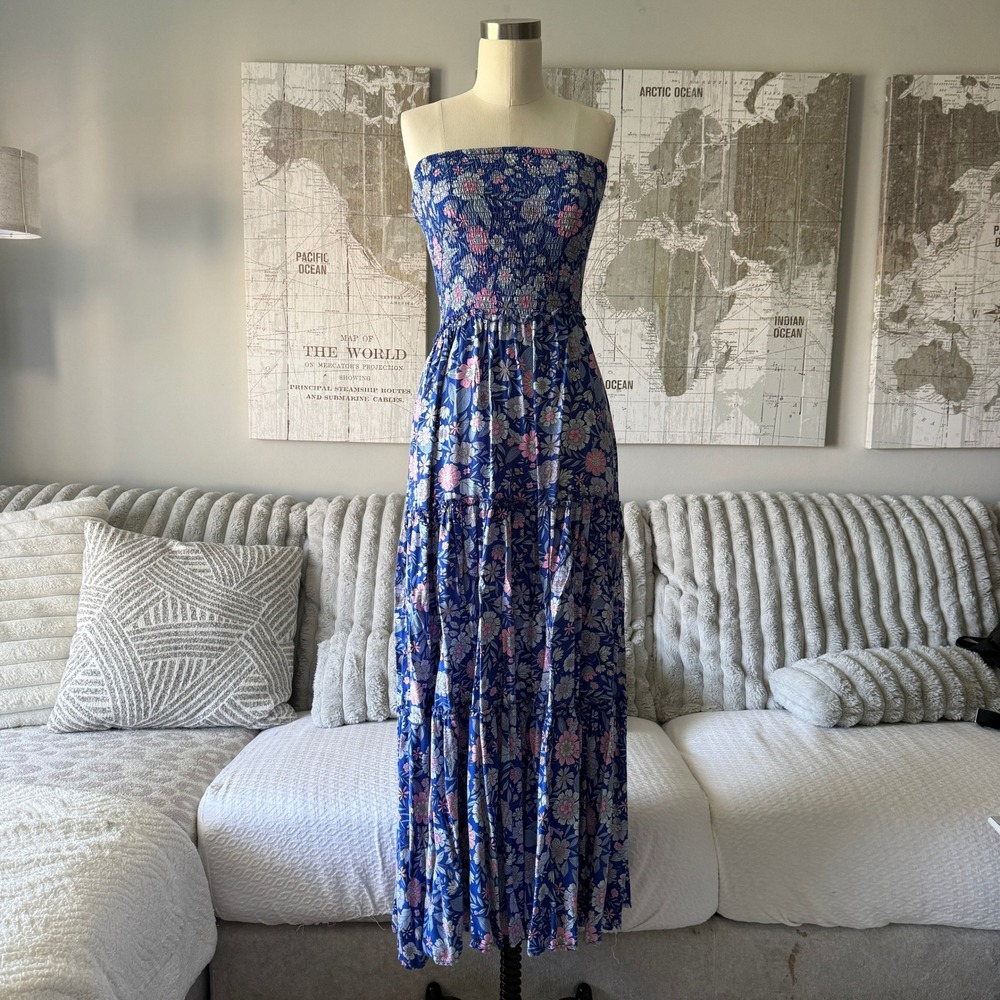 Abel The Label Blue Floral Smocked Tiered Strapless Maxi Dress XS Rayon